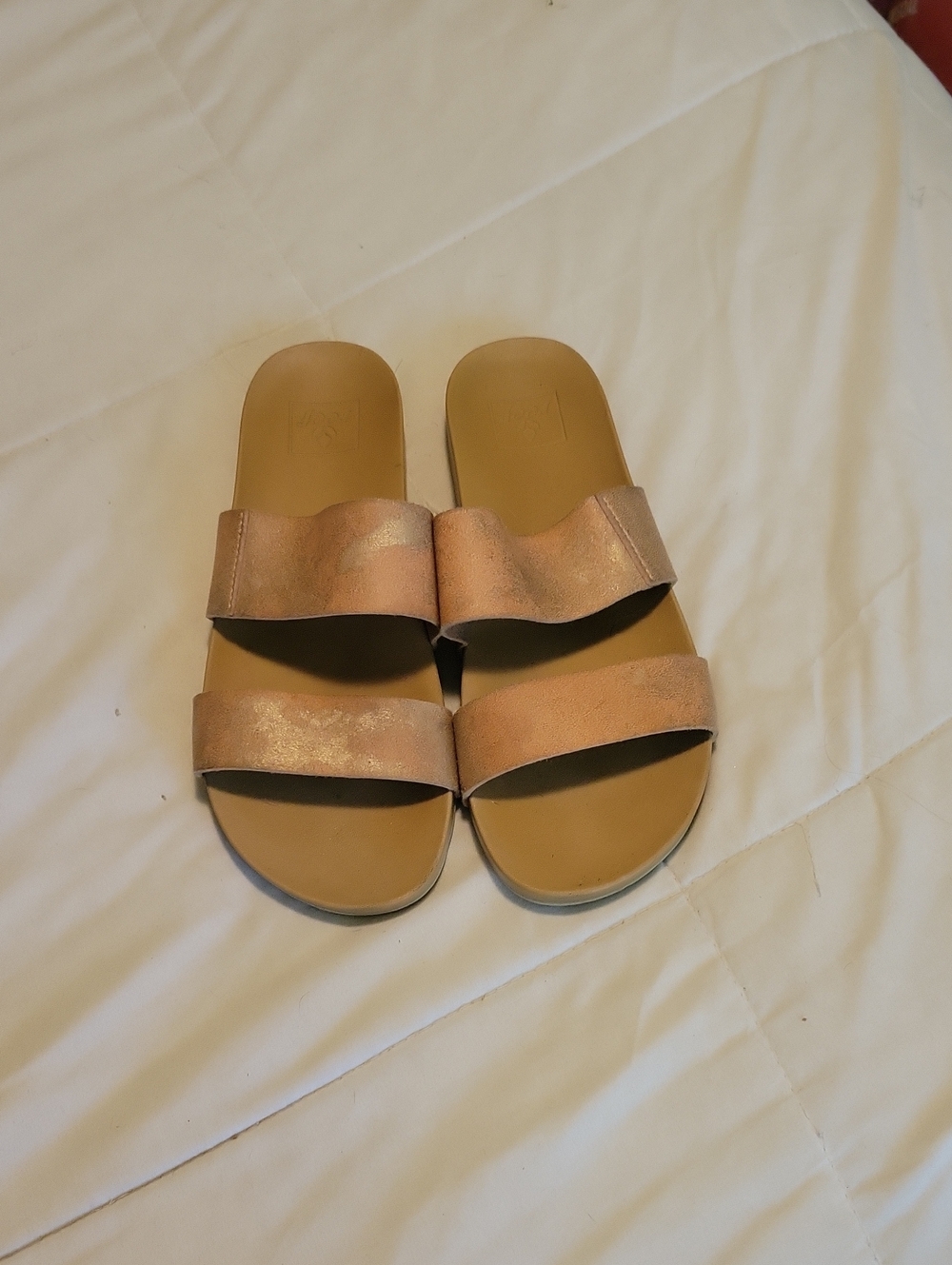 Women's Metallic Rose Gold Slide Sandals - Comfort Double Strap